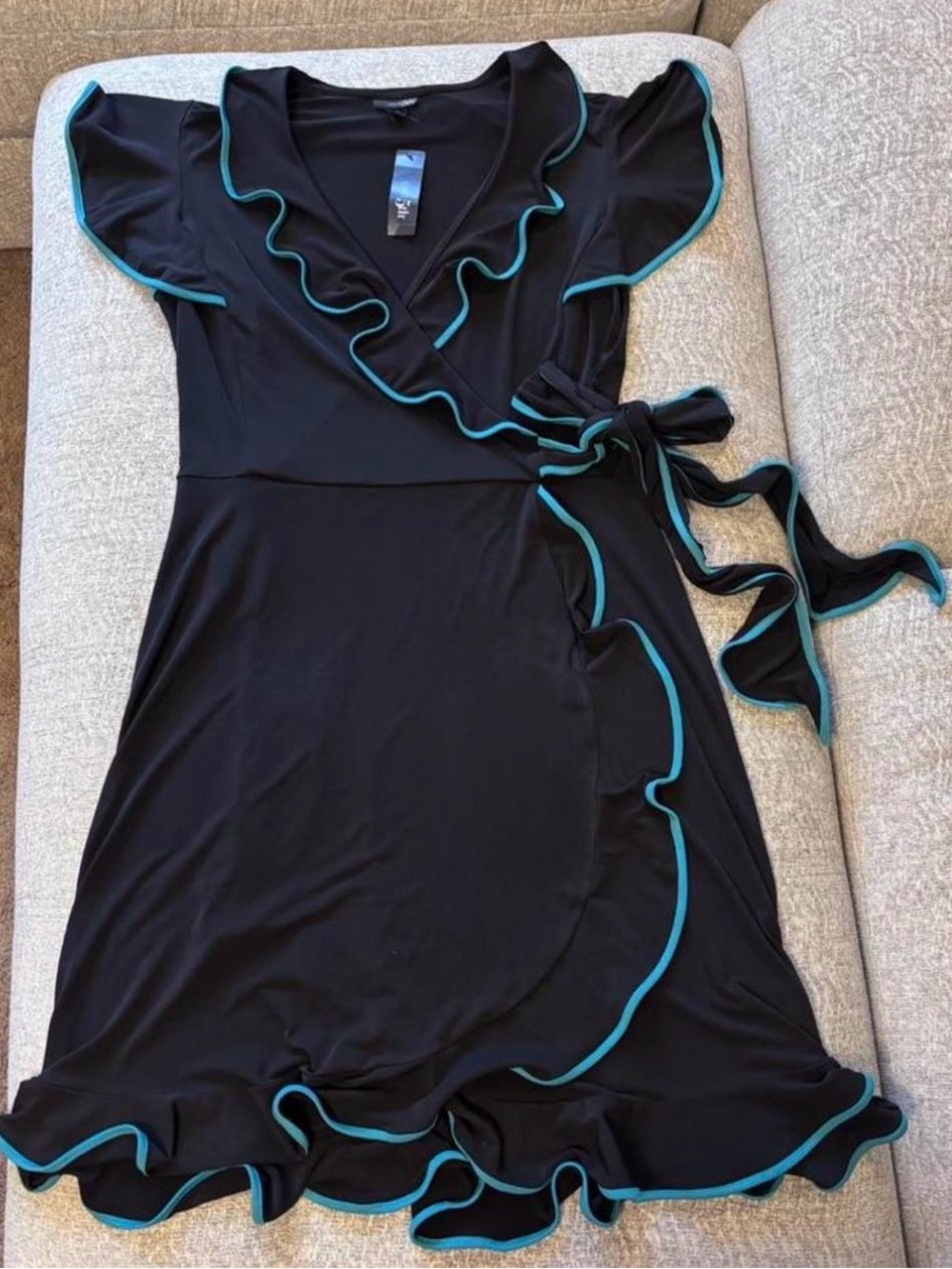 East 5th Black Wrap Dress with Teal Trim
